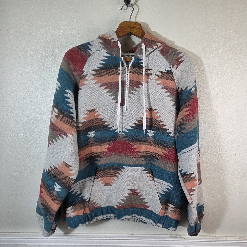 Southwestern Aztec Hoodie L Quarter Zip Pullover Tribal Boho - Picture 1 of 12